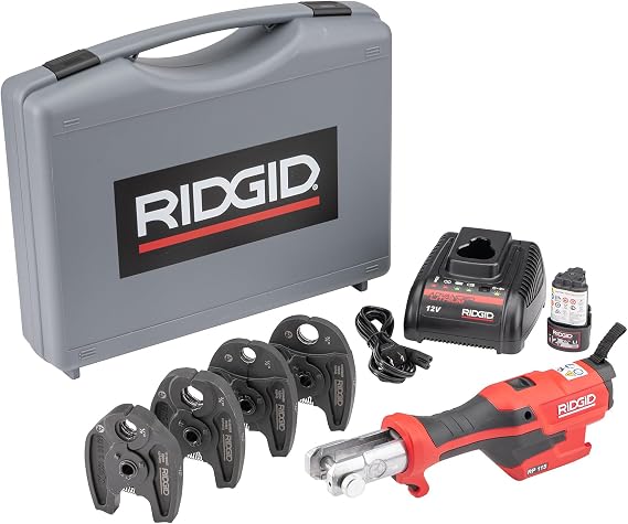 RIDGID 72558 Model RP 115 Mini Press Tool and Battery Kit with 1/2" to 3/4" ProPress and PureFlow Press Tool Jaws, 2V Li/Ion Battery, 12V Charger, and Carrying Case
