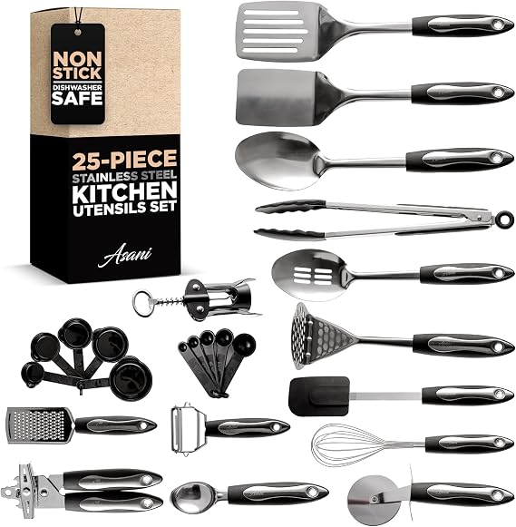 Asani 25-Piece Stainless Steel Kitchen Utensil Set, Non-Stick Cooking Tools
