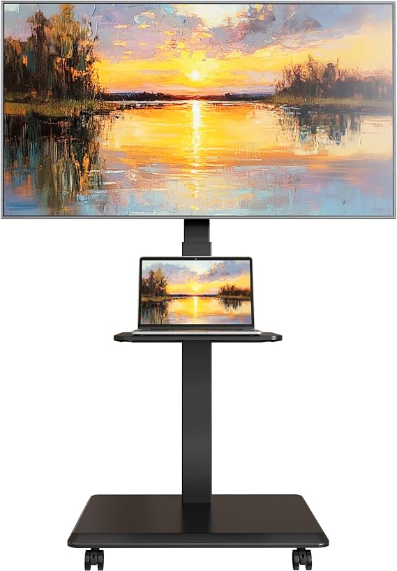 エコティニー スチールベース ローリングテレビスタンド 32~75インチテレビ用 最大110ポンドまで 水平調整&傾斜&回転モバイルテレビスタンド 隠しワイヤーマネージメント付き 高さ調節可能なポータブルテレビスタンド スチールシェルフ付き ブラック
