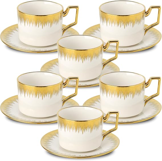 LETAOTAO 8.5 oz Stackable Ceramic Coffee Cup and Saucer with Gold Trim, Turkish Coffee Cups Set of 6, White