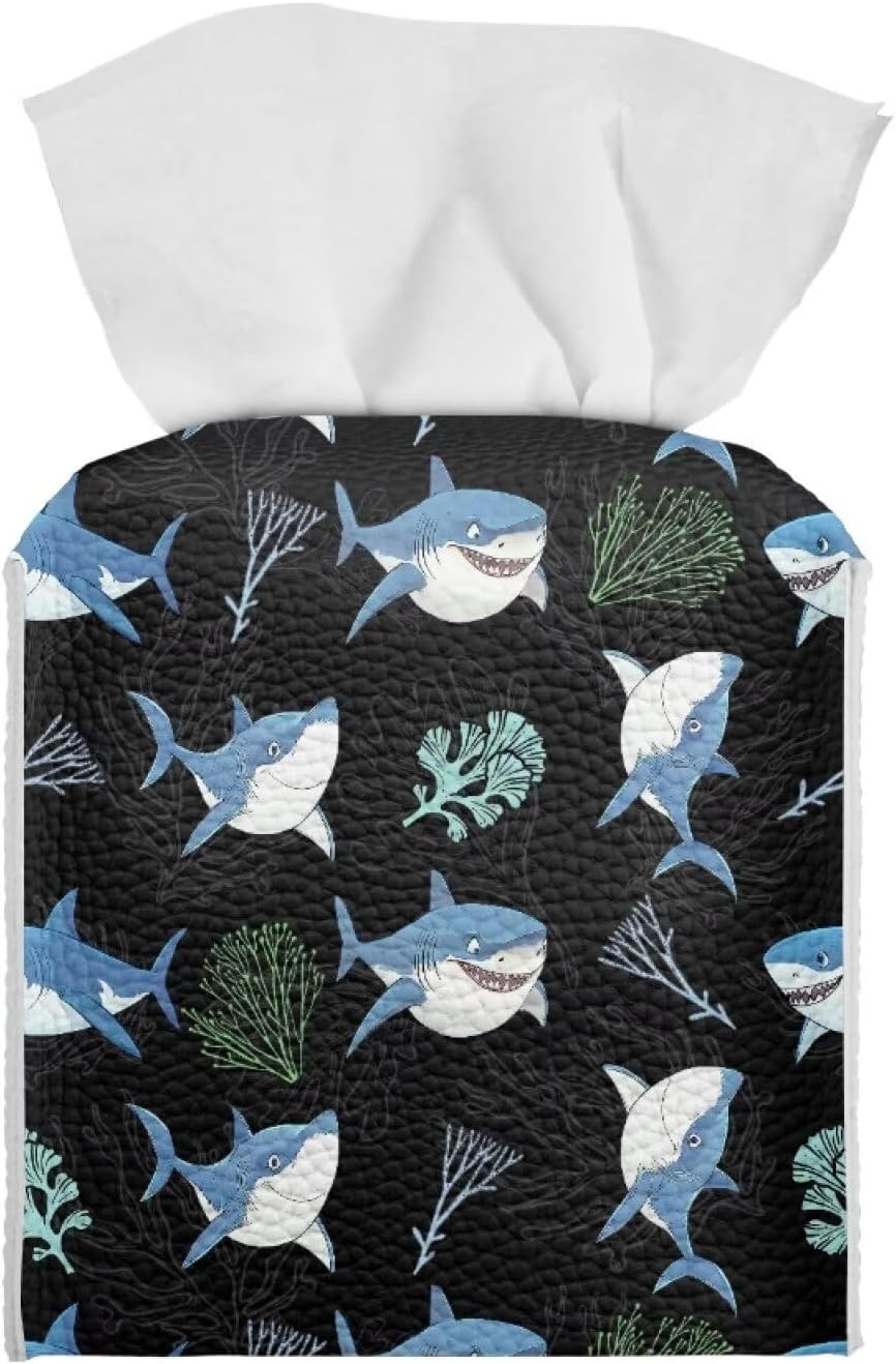 AFPANQZ Shark Tissue Box Cover for Womens Girls PU Leather Tissue Holder Square Facial Tissue Case Facial Paper Box Bathroom Office Bedroom Perfect Cube Cover Napkin Holder Case
