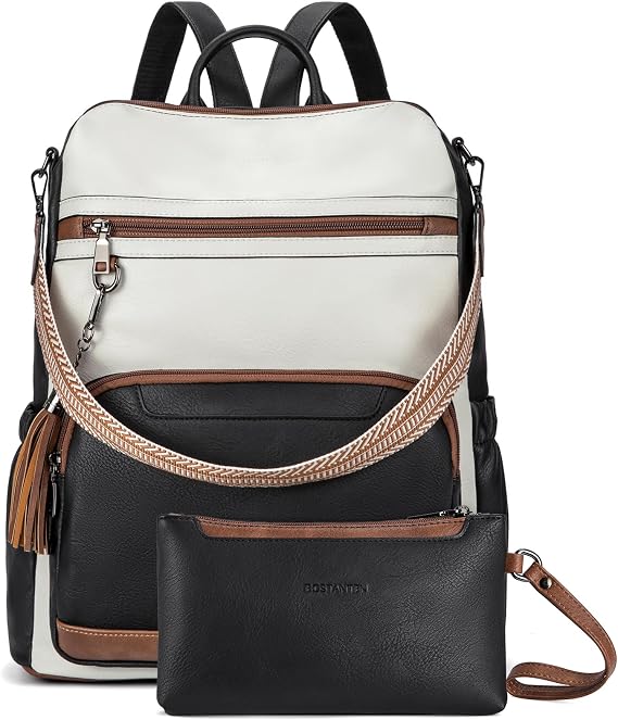 BOSTANTEN Leather Laptop Backpack for Women Designer Travel Backpack with Laptop Compartment Ladies Computer Shoulder Bags Black&Beige&Brown