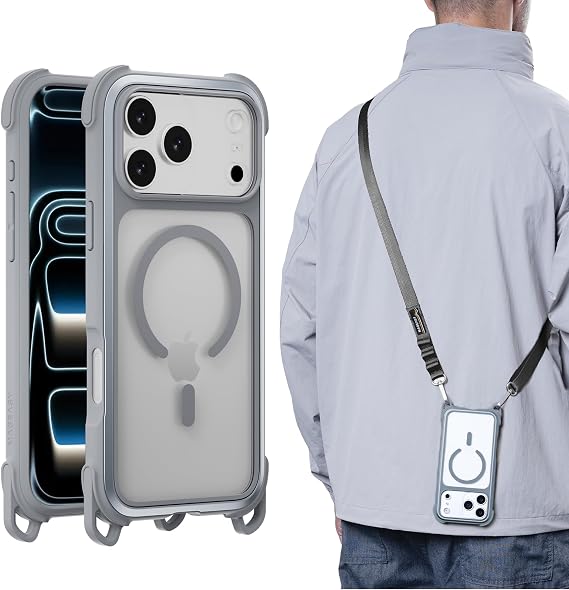 MAGEASY Odyssey MagSafe Crossbody iPhone Case with Strap for iPhone 17 Pro Max 6.9", 20ft Drop Protection, TPU Leather Shoulder Phone Carrying Case with Adjustable Lanyard (Mist)