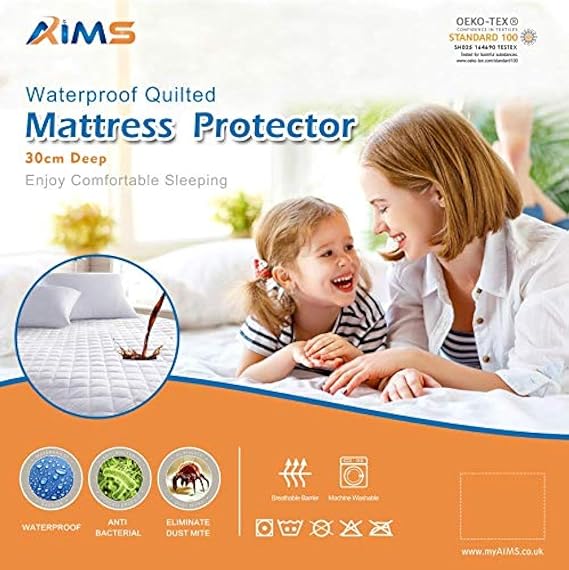 30cm Deep 100% Waterproof & Moisture Quilted Mattress Protector Fitted Cover Microfiber Quilted Topper fitted sheet, Anti Allergy and Breathable Elasticated Skirts (4FT)