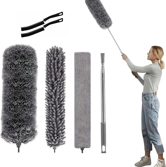 AEE® 3'lü Teleskopik Toz Alma Seti + 2 Adet Detay Fırçası | Uzatılabilir Saplı Tavan, Avize, Klima, Raf ve Köşe Temizlik Mopu | Mikrofiber ve Chenille Başlıklı Toz Alıcı Temizlik Aparatı