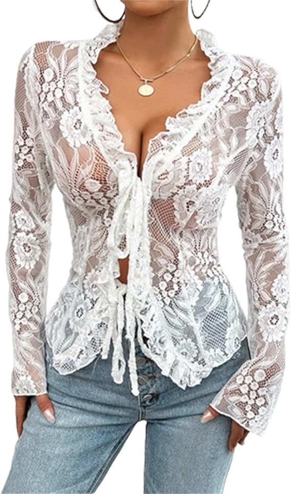 Lace Tops for Women Y2k Sexy Open Front Tie Long Sleeve Ruffle Trim See Through Mesh Crop Top Blouses Streetwear