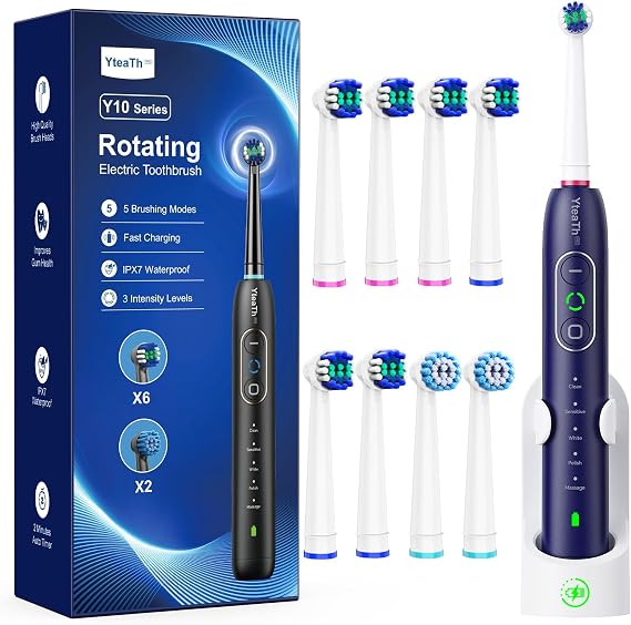 Rotating Electric Toothbrush with 8 Brush Heads for Adults and Kids, 3 Intensities 5 Modes, Wireless Wall Charging Station, Sonic Toothbrush with 2-Minute Smart Timer (Blue)