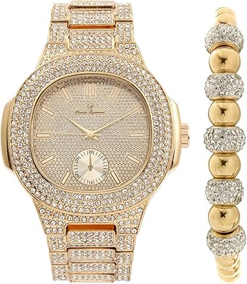 Charles Raymond Bling-ed Out Oblong Case Metal Mens Gold Watch wMatching Bling-ed Out Gold Shamballa Jewelry Bracelet Set - 8475GSham
