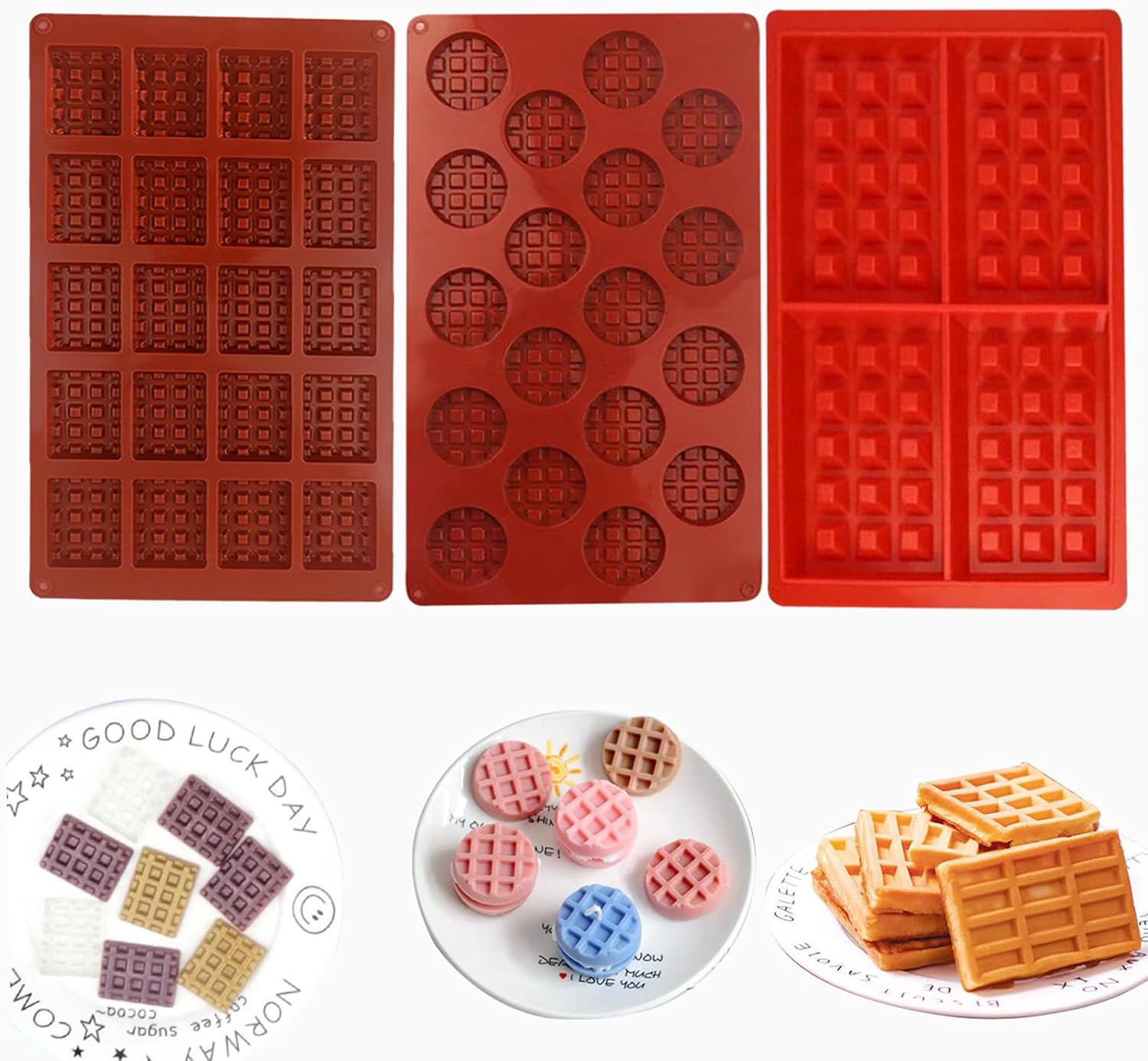 3 Pack Waffle Silicone Molds - Square & Mini Round, 18 & 20 Cavity, Non-Stick