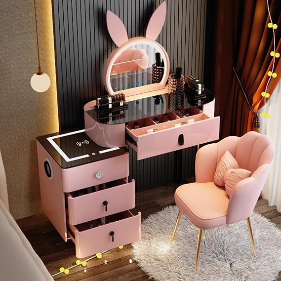 Pink Dressing Table Smart Vanity Set - Modern Makeup Vanity Dsek With Drawers & Charging Station & Speaker,Free Retractable Side