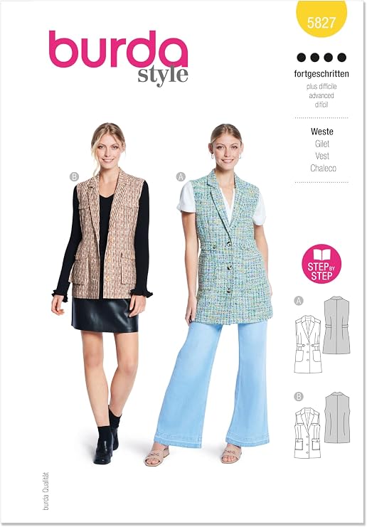 Burda Style X05827BURDA Misses' Long Lapel Vest Sewing Pattern Packet, Design Code B5827, Sizes 10-20 (36-46)