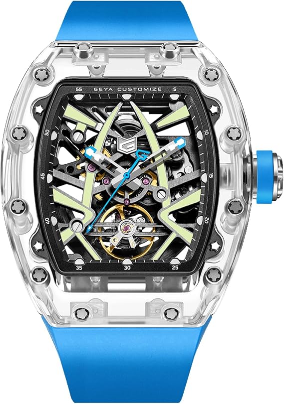 Casual Automatic Mechanical Men's Watches, TR90 Transparent Case Removable Silicone Watch Band 50M Waterproof Analog Fashion Luminous Skeleton Watches for Men