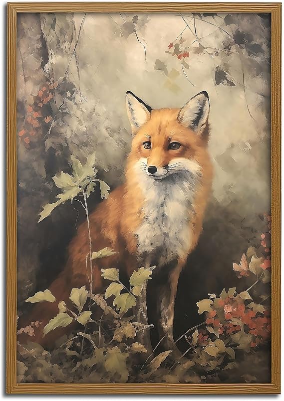Red Fox Canvas Wall Art Print Woodland Animal Painting, Rustic Nature Wildlife Poster, Autumn Forest Decor for Cabin, Farmhouse,for Living Room, Office, or Study Farmhouse Decor(8" x 10"-UNFRAMED)