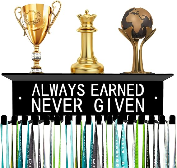 Dafftos Awards Always Earned Never Given Medal Display Hanger Holder Bib Ribbon Rack Hooks Organizer Awards Ribbon Wall Mount Easy to Assemble Fashion Display