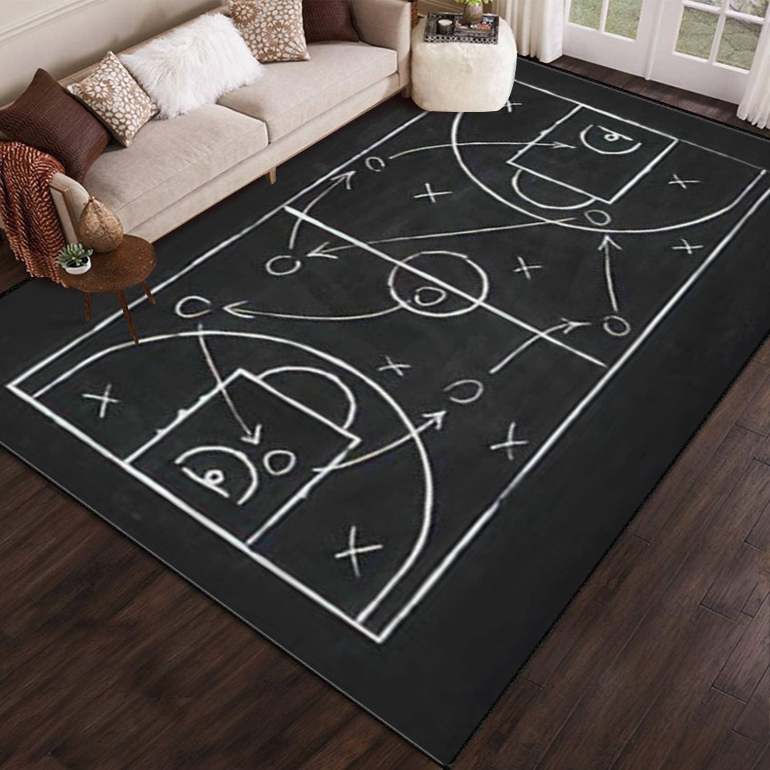 Chalkboard Basketball Court Game Scheme Sport Instruction Blueprint Area Rug Outdoor Patio Rug Play Mat Modern Floor Carpet Non-Slip Home Decor Living Room Kids Bedroom Nursery, 6x9 ft