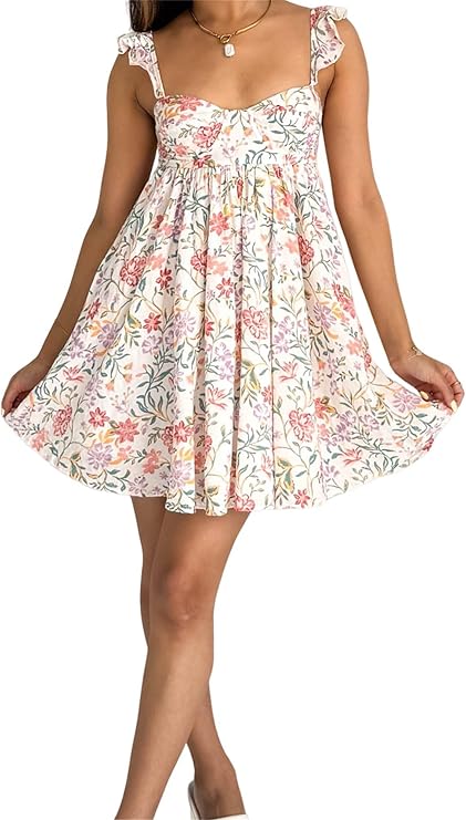 Women Summer Sleeveless Mini Dress Y2k Backless Bow Tie Straps Ruffles Dress Beach A-line Babydoll Short Sundress