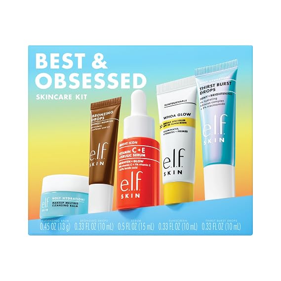 e.l.f. SKIN Best & Obsessed Skincare Kit | Travel-Size Makeup Remover, Sunscreen & Brightening Serums For Glowy Skin, Vegan & Cruelty-Free