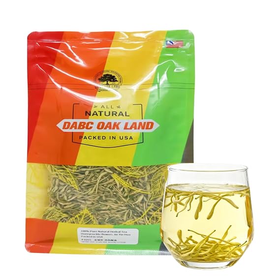 DABC OAK LAND 16OZ Premium Dried Honeysuckle Tea Jin Yin Hua Honeysuckle Flowers Buds Wild Lonicera Japonica Chinese Traditional Loose Herbal Tea Caffeine Free - Refreshing & Clean Taste 1LB/Bag