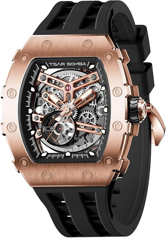 TSAR BOMBA Men's Watch Automatic 50M Waterproof Mechanical Wristwatch Skeleton Tonneau Design Luxury Square Stylish Sports Work Analogue Watches for Men Gift for Men Silicone Strap