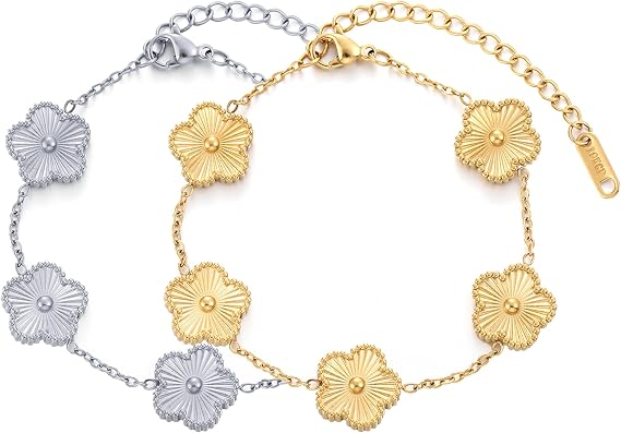 Glosane Four Leaf Clover Bracelet for Women 18K Gold Plated Stainless Steel Lucky 4 Leaf Gold Link Bracelet Jewelry Gift for Women Gold+Silver -