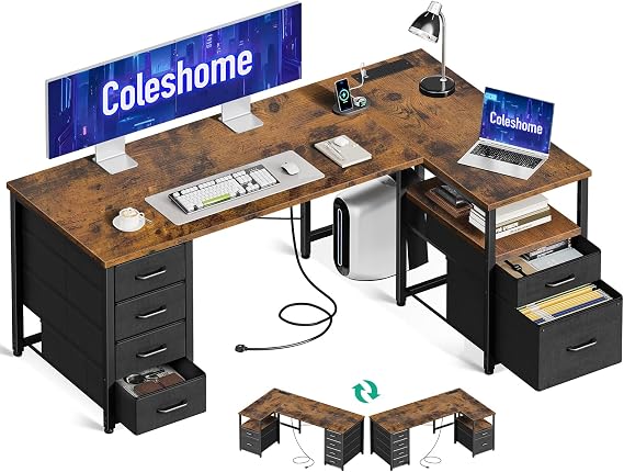 Coleshome L Shaped Computer Desk with 6 Drawers & Power Outlet, 140×80cm