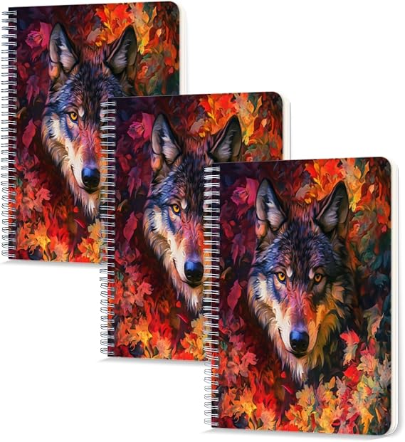 Lined Spiral Notebook,100 Pages,5.71x 8.26 inches Double-Wire Spiral Journal Notebook for Study and Notes Oil Painting of Wolf With Rich Fur