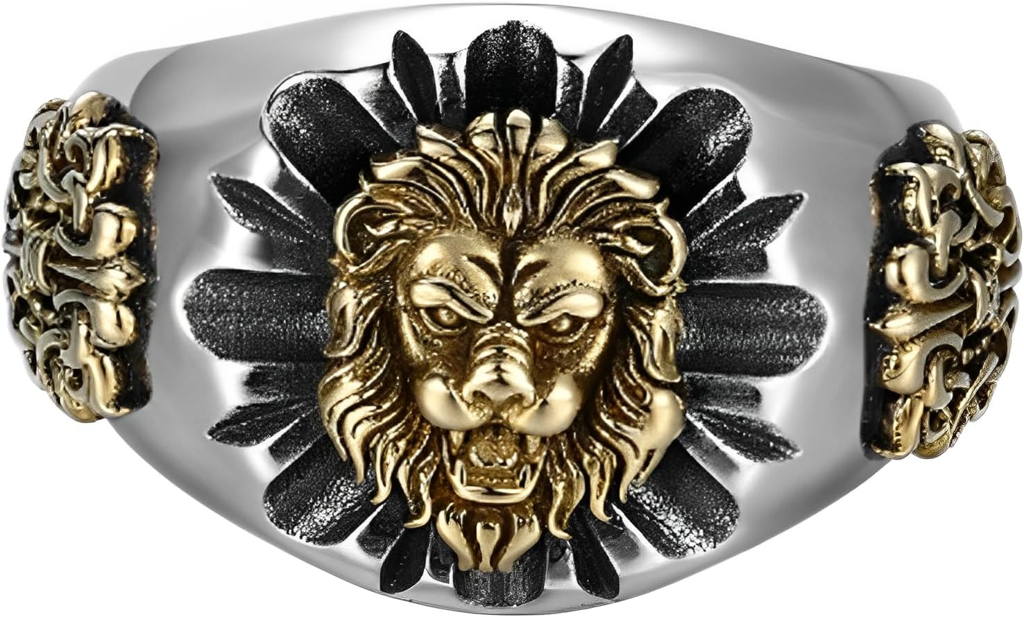 IMINI Gothic Lion Open Ring Punk Statement Jewellery, Silver Gold Two-Tone Animal Head Knuckle Band for Men Women, Adjustable Sizes S to V 1/2, Vintage Biker Hip Hop Gift