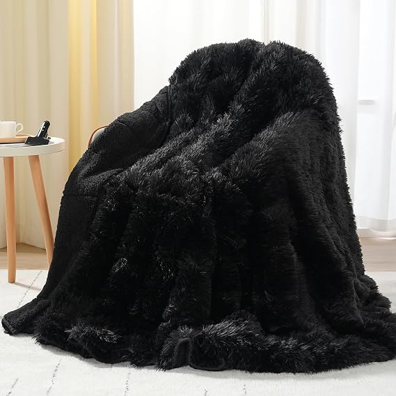 Uttermara Shaggy Faux Fur Weighted Blanket Queen Size, 15 lbs Long Fur Sherpa Soft Fluffy Bed Blanket for Adults, Ultra Cozy Warm Sherpa Throw Full/Queen Size Sofa Bed Blanket, 60 x 80 inches, Black