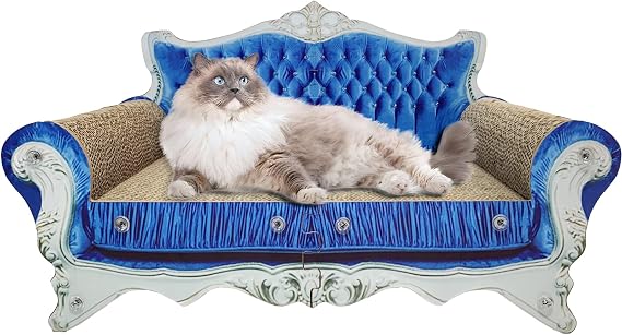 Luxury Cardboard Cat Scratcher Sofa Couch Bed, Couch Shaped Scratching Bed Board, Scratch Lounge with Catnip, Scratcher for Indoor Cat Kitty Kittens Blue