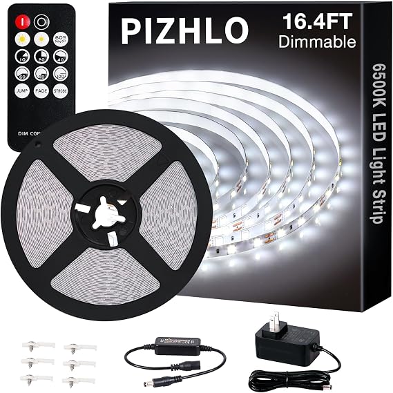 White LED Strip Lights, Upgraded 16.4ft Dimmable Light Strip with Remote 6500K Bright White light, 300 LEDs Flexible Lights with Strong Adhesive for Bedroom, Mirror, Kitchen Under Cabinet Decor