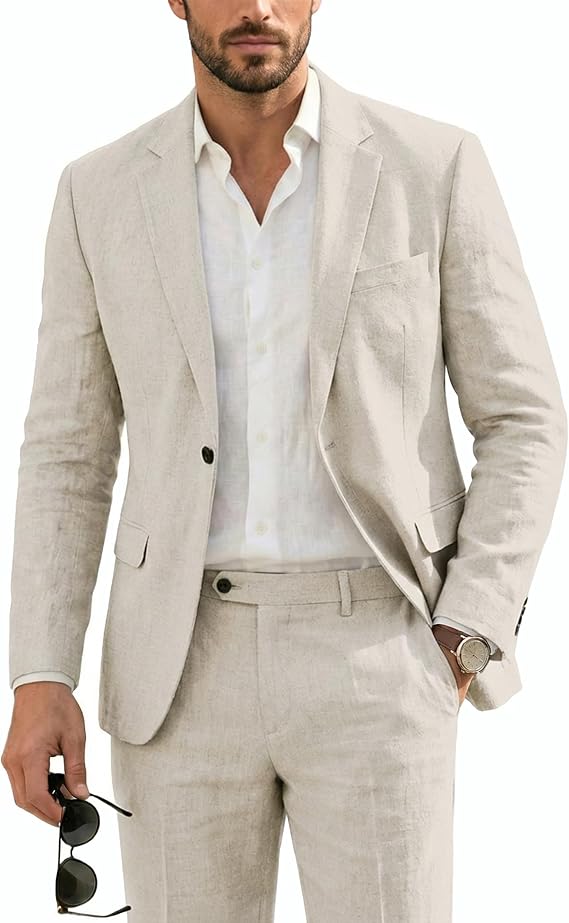 YND Men's 2 Piece Casual Linen Suit Set, Regular Fit Lightweight Blazer Jacket and Pants for Wedding, Business, Party