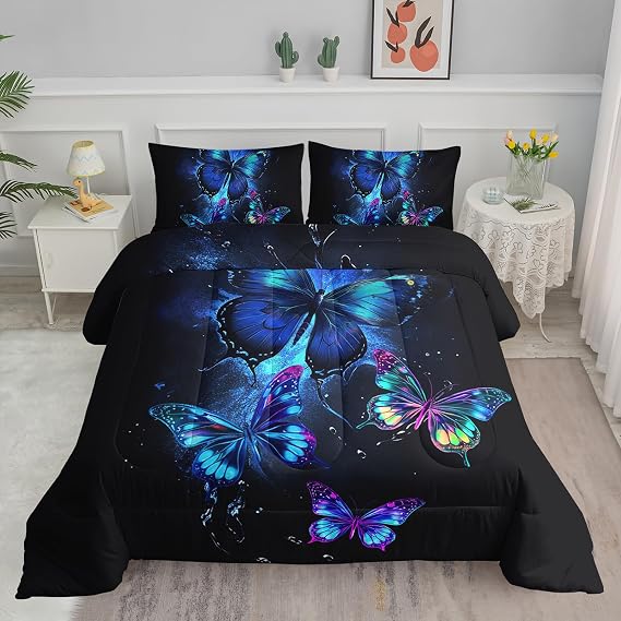 Axolotl Blue Butterfly Comforter Set Queen Size for Girls Women Kids Bright Blue Butterflies Black Sky Bedding Set Boho Floral Bedding Set Colorful Lovely Butterfly Comforter 1 Quilt 2 Pillowcases