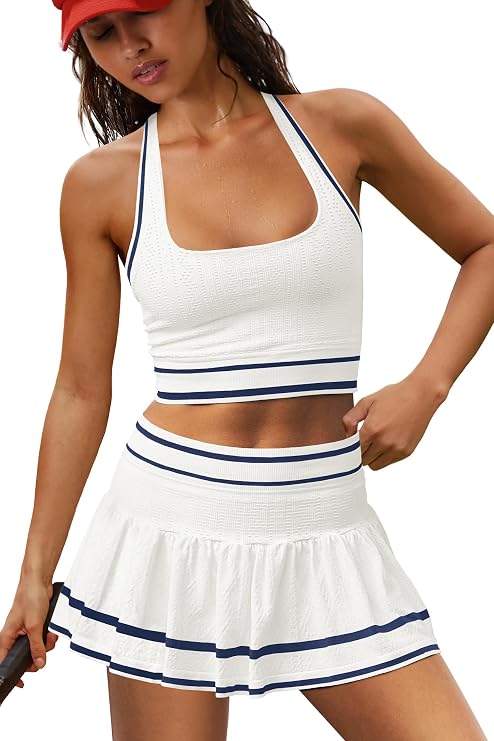 LAMISSCHE Seamless Athletic Skirt Set Square Neck Tank Pleated Skort Set | Contrast Piping, Halter Neck Tank with Bra, Stretch Skort with Built-In Shorts, for Gym Yoga Golf Tennis