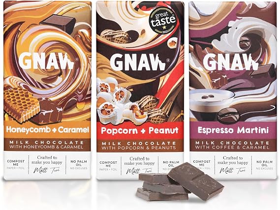 GNAW Fan Favourites Milk Chocolate Variety Pack – 3 x 80g Luxury Milk Chocolate Bars Multipack – Popcorn & Peanut, Honeycomb & Caramel & Espresso Martini – Letterbox-Friendly Gift Box, Palm Oil Free