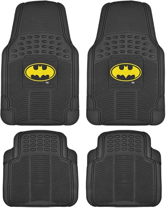 BDK Warner Bros Batman Rubber Floor Mats Car Accessories - Universal Fit, No-Slip Grip, All Weather Heavy Duty - 4 pc Trimmable Car Mats Set, Front 27x18, Rear 17.25x13.25