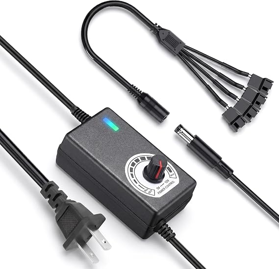 Delinx 12V PC Fan Speed Controller, AC Plug with 4X 4-Pin Splitter Cable | 36W Power Adapter ,Compatible 2/3/4-Pin, Cooling Project for Nas Server AV Cabinet DVR TV Router Receiver Xbox Greenhouse
