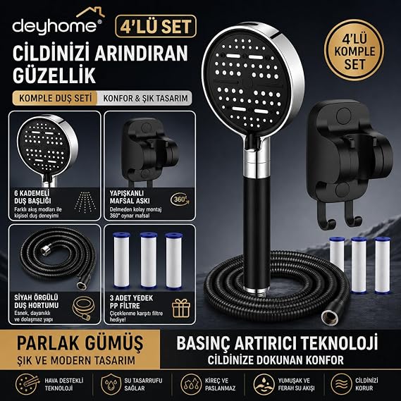 Filtreli Duş Başlığı, 6 Kademeli Su Akışlı, Basınç Artırıcı, Kaymaz Silikon Kaplama, Siyah-Gümüş, PP Filtre (4'Lü Set Siyah)