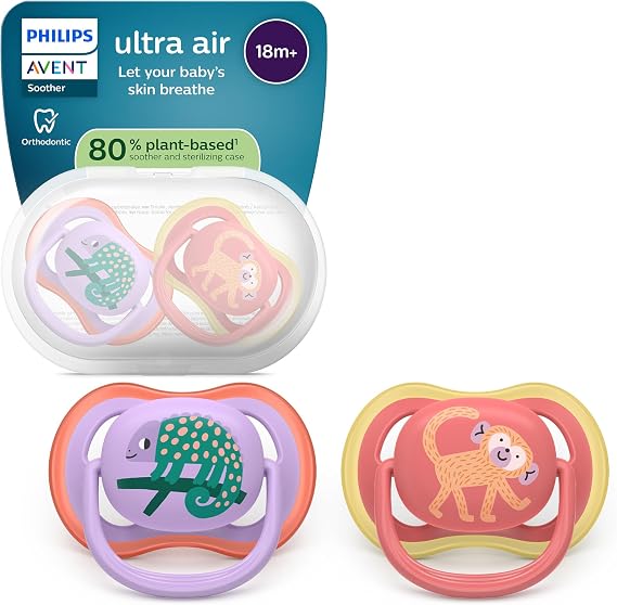 Philips Avent Ultra Air Soothers - Orthodontic Design, for Babies 18 Months+, Soft Silicone Symmetrical Teat, BPA-Free, with Sterilizing Case, 2 Pack, SCF349/47