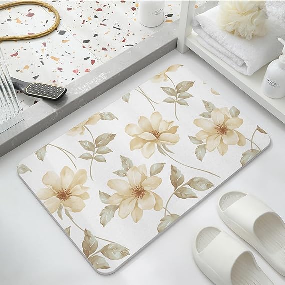 Stone Bath Mat Diatomite Quick Dry Bath Mat Non Slip Anti Mould Absorbent Magic Mat for Bathroom Floor  with Non-slip Pad and Sandpaper (Flowers, 39 * 60 * 0.9cm)