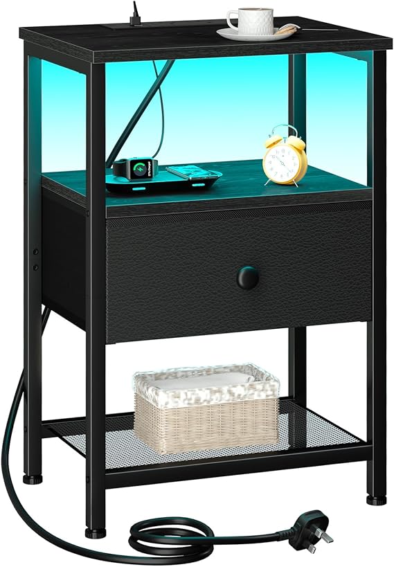 LOAKEKEL Bedside Table, Side Table with Charging Station, Bed Side Table