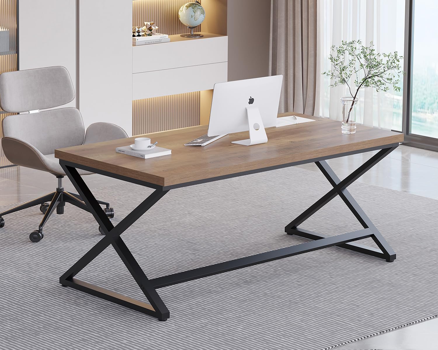 IBF Wooden Desk Modern Computer Desk for Home Office Wood Metal Gaming Table Simple Workplace for Office Laptop Study Oak Look 152 cm