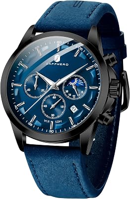SAPPHERO Chronograph Watches for Men, Original Business Casual Stainless Steel Analog Watch 50M Waterproof Luminous Watches with Date Dial, Mens Gift