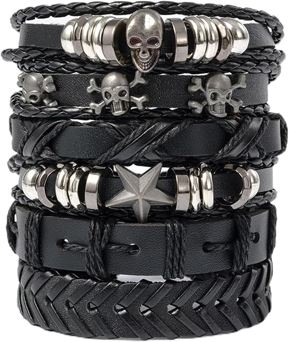 1 Set Leather Bracelet Man,Emo Accessories,Punk Skull,Studded Bracelets,Handsome Adjustable Fashion Punk Braided Men's and Women's Rope Bracelet (Black)