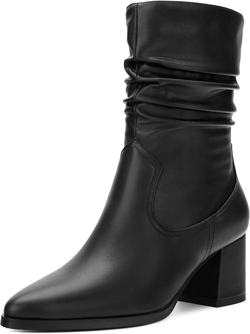 Women's Mid Calf Boots - Chunky Heel Pleated Calf Boots with Side Zipper, Pointed Toe, Perfect for Workplace, Street and Banquet