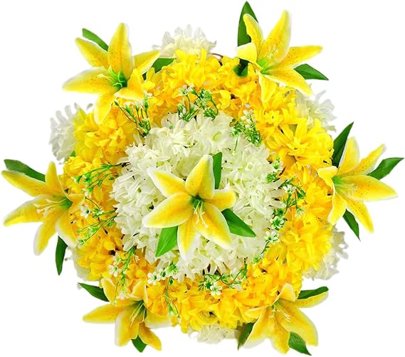 belupai 19.7In Artificial Cemetery Wreath, Silk Chrysanthemum Lily Funeral Grave Wreaths for Home Store Festival Wedding Wreath Outdoor Memorial Grave Wreath(Yellow)