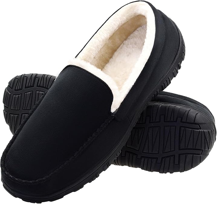 Mens Moccasin Slippers Memory Foam Slippers Warm Plush Fluffy Indoor/Outdoor House Shoes