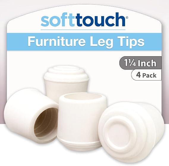 SoftTouch 1-1/4" Round Non-Marking Rubber Slip-On Chair Leg Tips, Nonslip Protective Furniture Leg Caps for Chairs, Stools, and Tables on Hard Surfaces, Set of 4, White