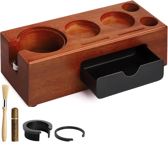 Espresso Tamping Station Wooden Coffee Tamper Station Fit for 51, 54, 58MM Espresso Accessories, Espresso Tamper Holder for Coffee Tamper Distributor Portafilter with Espresso Stirrer, Coffee Brush