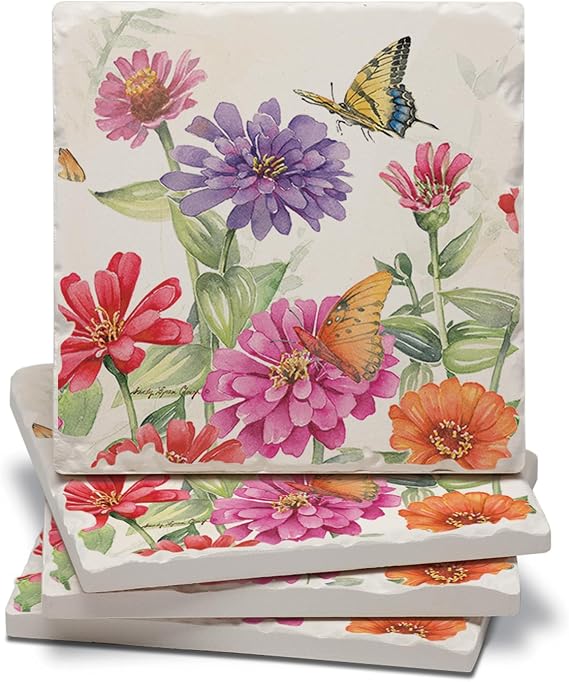 Thirstystone Zinnias & Butterflies 4 Pack Tumbled Tile Stone Coasters