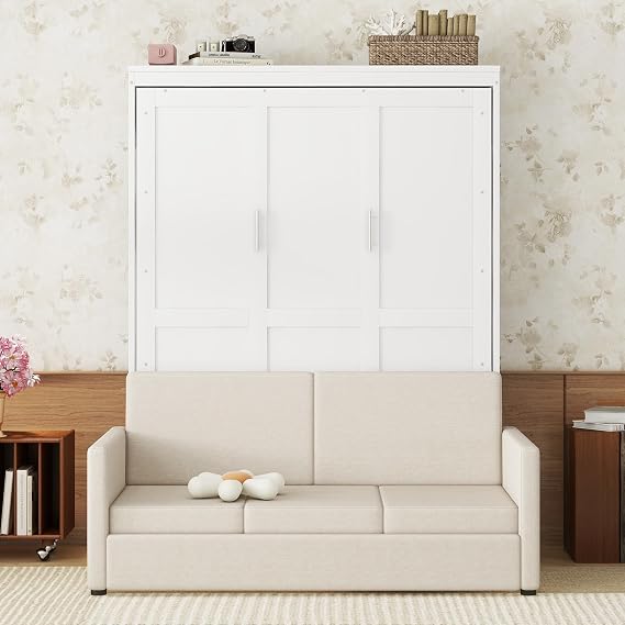 Multi-Function Murphy Bed with Sofa, Queen Size Murphy Bed Wall Bed with Cushion, Murphy Chest Bed Can Be Folded Into A Cabinet, Save-Space Folding Platform Bed for Small Room (White-2)